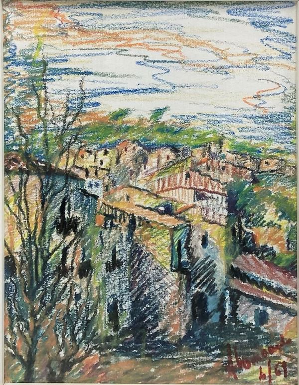 Pastello su cartoncino raffigurante paesaggio di Caltagirone. Metà XX secolo. Firmato e datato Lombardo 4/69. Cm 39x28,5, in cornice cm 51,5x41