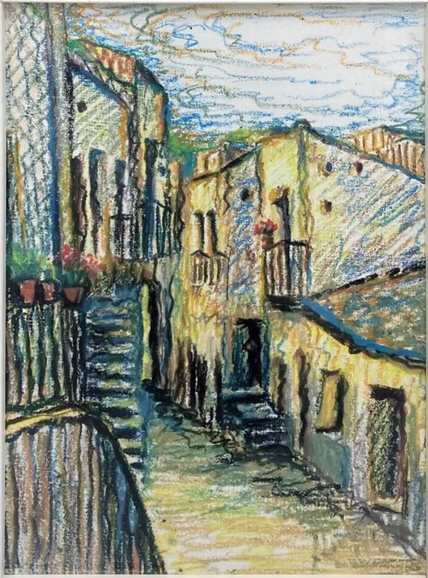 Pastello su cartoncino raffigurante paesaggio di Caltagirone. Metà XX secolo. Cm 39x28,5, in cornice cm 51,5x41