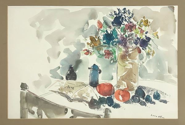 Watercolor on paper depicting still life of fruit and flowers signed Barretta. 45x63 cm, in frame 62x85 cm