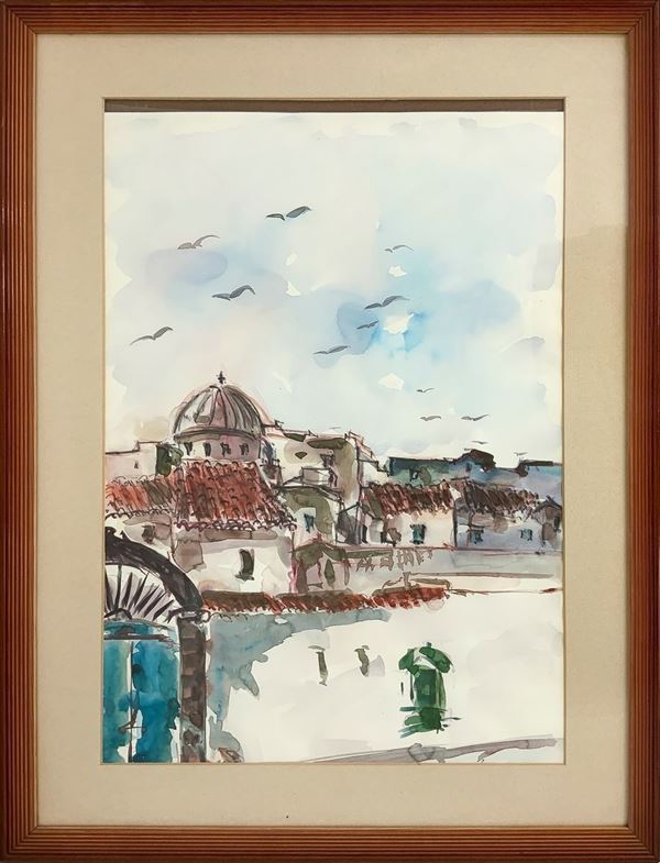 Acquerello su cartoncino raffigurante paesaggio con chiesa e case. Cm 64x45, in cornice cm 85x62