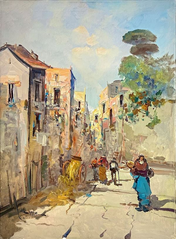 Olio su tela raffigurante strade di paese con personaggi , firmato in basso a sinistra Poma. Cm 70x50 . Quadro sprovvisto di cornice