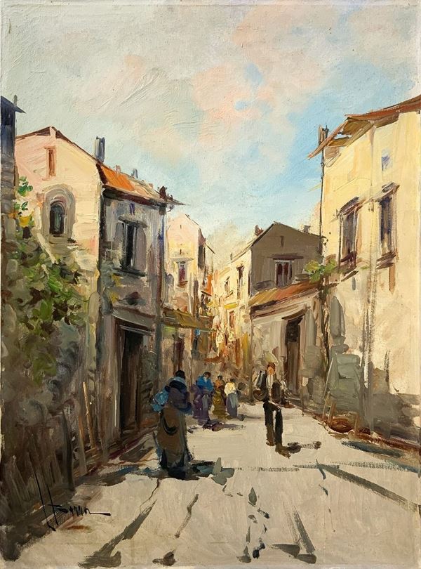 Olio su tela raffigurante strade di paese con personaggi , firmato in basso a sinistra Poma. Cm 70x50. Quadro sprovvisto di cornice