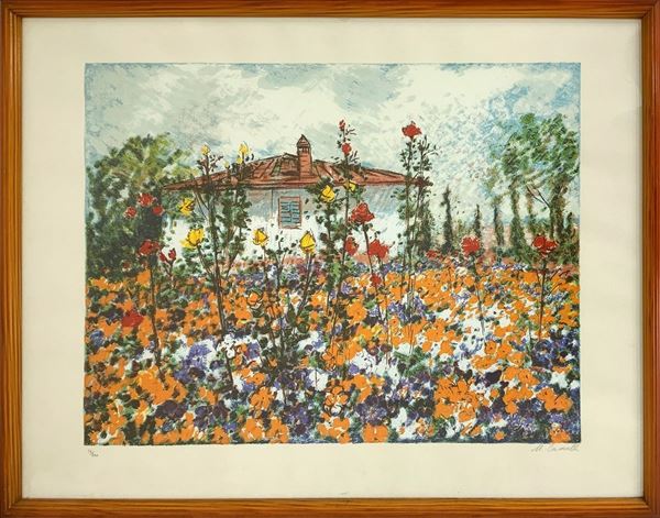 Litografia raffigurante casa in campo di fiori, 33/200. Firmata in basso a destra M. Cascella. In cornice cm 64x84