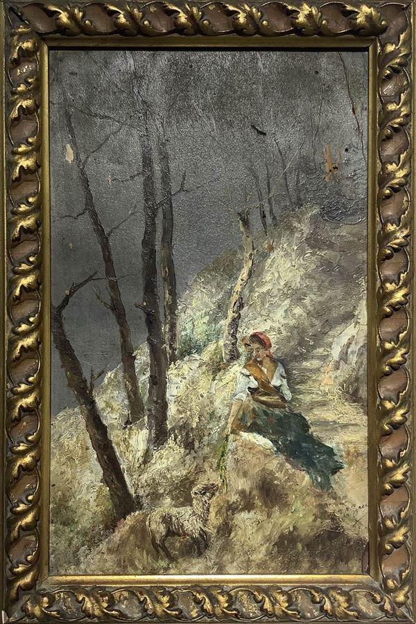 Oil painting on panel depicting a landscape with a young shepherdess. 20th century painter. 32x19.5cm. It has color drops