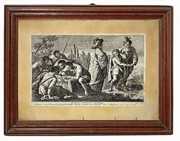 Incisione ad acquaforte di Joannes Giovanni Volpato (1733-1803) raffigurante episodi della vita di Giuseppe. Mm 200x300, in cornice di legno cm 35x43. Tracce e buchi di tarme