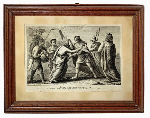 Etching of Joannes Giovanni Volpato (1733-1803) depicting episodes from the life of Joseph. Mm 200x300, in wooden frame 35x43 cm. Tracks and moth holes