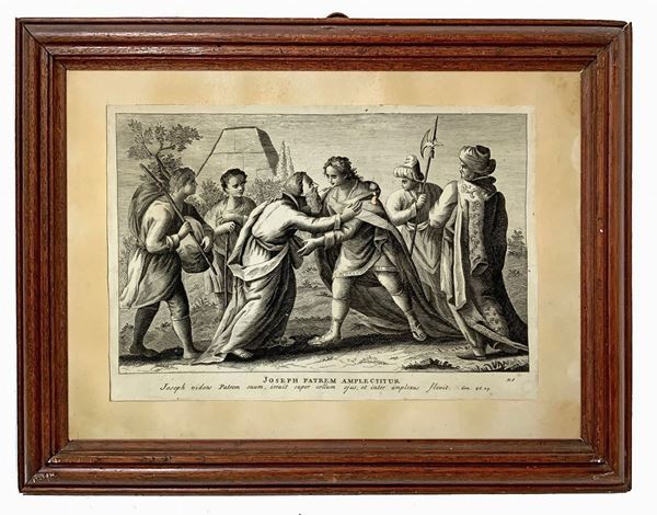 Incisione ad acquaforte di Joannes Giovanni Volpato (1733-1803) raffigurante episodi della vita di Giuseppe. Mm 200x300, in cornice di legno cm 35x43. Tracce e buchi di tarme