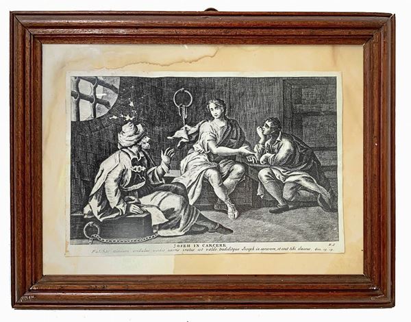 Incisione ad acquaforte di Joannes Giovanni Volpato (1733-1803) raffigurante episodi della vita di Giuseppe. Mm 200x300, in cornice di legno cm 35x43. Tracce e buchi di tarme