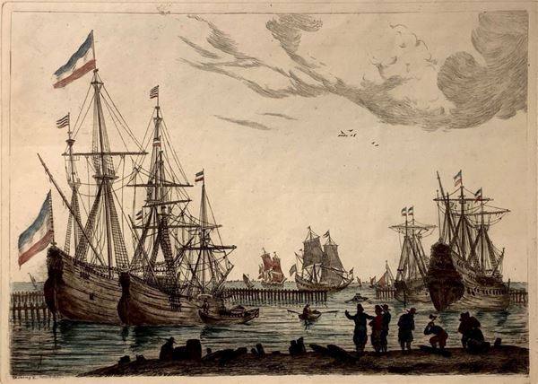 Hand-colored etching engraving. Copy from four Dutch sailboards behind a breakwater. by Reinier NOOMS. Signed at the bottom left ...