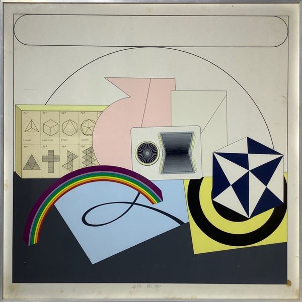 Stampa a colori raffigurante composizione astratta con forme geometriche. Firma Puyo in basso al centro.
Cm 70x70