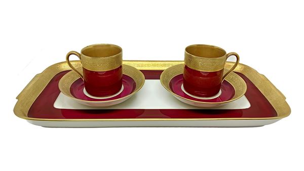 Aofi Porzellan Manufaktur Bavaria - Servizietto caffÃ¨ tete a tete in porcellana Aofi Porzellan Manufaktur Bavaria. Con decorazione in oro e rosso, composto da due tazzine con piattini ... 