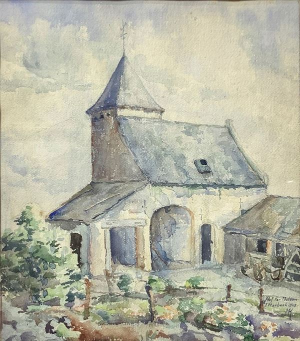 Acquarello su carta in cornice raffigurante paesaggio di campagna con case. firmato in basso a destra Hof Ter Mulden, Itterbeek 1948, MK.
Cm 40,5 x ... 