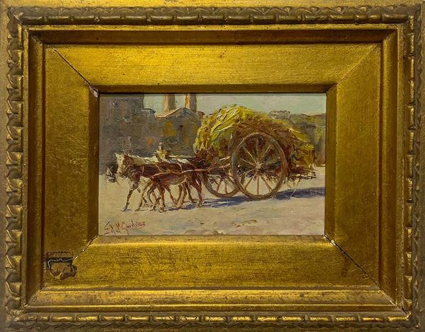 Elvira Del Giudice : Painting depicting donkeys and chariot  - Oil painting on canvas - Auction Asta a tempo - Casa d'aste La Rosa