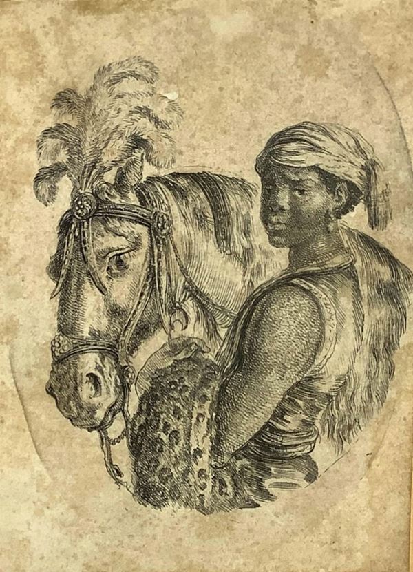 Incisione ad acquaforte, Stefano Della Bella ( Firenze 1610- 1664 Firenze). Incisione  ovale all’acquaforte raffigurante Stalliere nero con cavallo arabo 
100x72 mm. Buona incisione da rame . Stefano Di Bella,  scolaro del Gianbologna scultore, fu un autodidatta che prese a studiare il Callot da cui fu molto influenzato . Può considerarsi un grafico puro del suo tempo in quanto si dedicò interamente alle opere incisorie ed ai disegni. Molto famoso in Francia fu attento osservatore di tutti i s