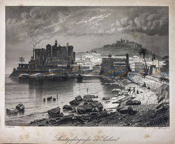 Incisione raffigurante carcere di stato con sullo sfondo Erice, XIX secolo, Sicilia. Mm 178x230. Incisore W.Frency, tratto dal libro Antiquariat heinz tessin 1845.