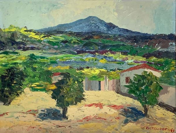 Dipinto ad olio su tavola raffigurante Etna con paesaggio di campagna. Dipinto a macchia. Firmato e datato in basso a destra Castiglione, 1960. Cm 50x60.