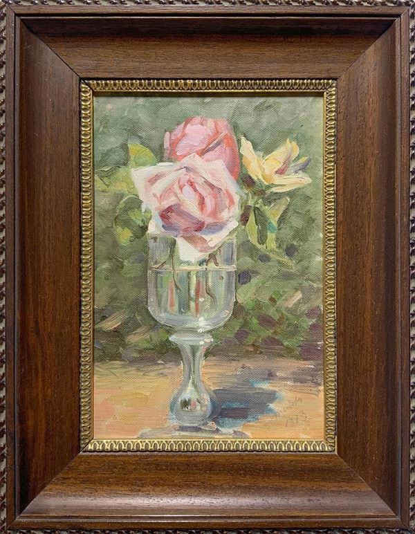Dipinto ad olio su cartone telato raffigurante natura morta di fiore. Cm 27x18. Firmato e datato 1913 in basso a destra. 

