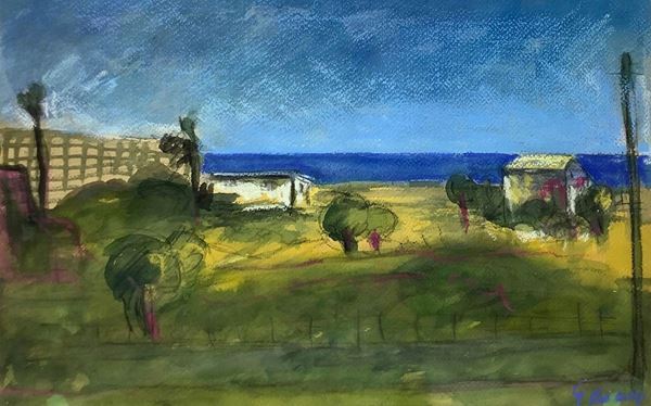 Pastello raffigurante paesaggio. Firmato G. Longo, cm 33,5x49, in cornice cm 51,5x67,5