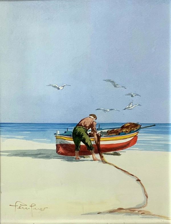 Gouache su cartoncino raffigurante pescatore con barca in riva al mare, cm33,5x23,5 in cornice cm 54x44. Firmato in basso a sinistra