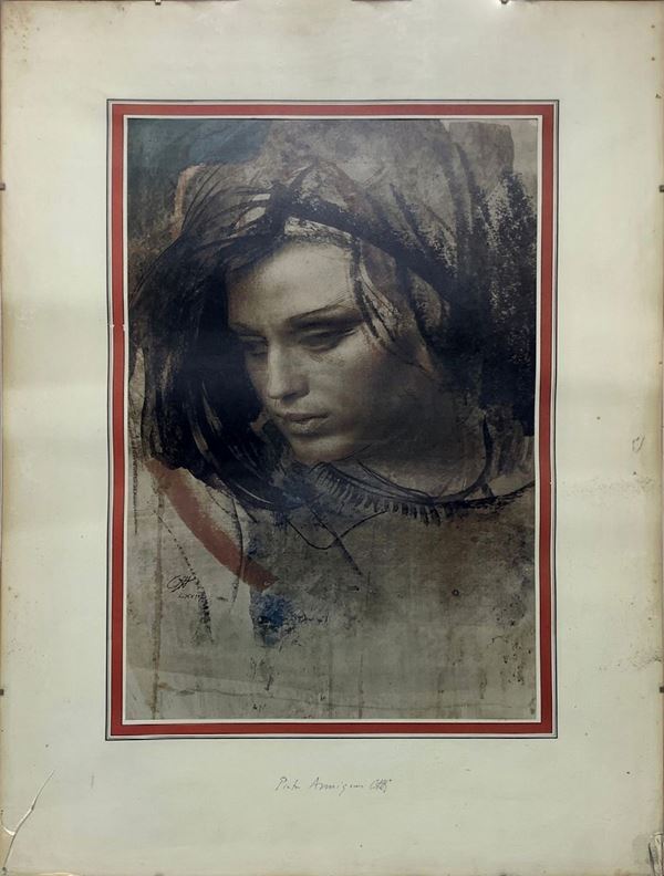 Pietro Annigoni - Litografia raffigurante viso di donna, Pietr Annigoni. Cm 51x34. Firmata Pietro Annigoni in basso al centro.