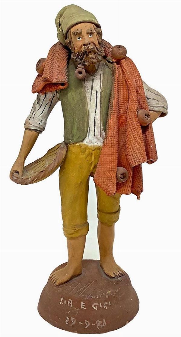 Fisherman  (1984)  - Polychrome terracotta sculpture - Auction Asta a tempo - Casa d'aste La Rosa
