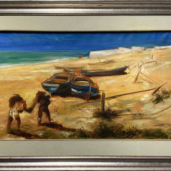 Ugo Attardi - Ugo Attardi (1923, 2006 Genoa-Rome). Landscape with yachts. 48x92, oil paint on canvas. Signed lower right. 957 Signed and dated on the back.