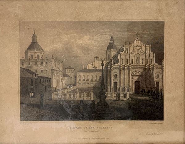 Etching depicting the Elephant Square in Catania, P.Dewin draftsman, engraver E.Goodall. 190x260 cm in frame 40x48 cm
