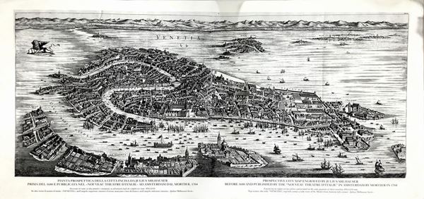 Etching of Venice, perspective City map engraved Julius Milhauer before 1680 and published in the "Nouveau Theater of italiae Riviere Saint Sauveur Cm 50x100
