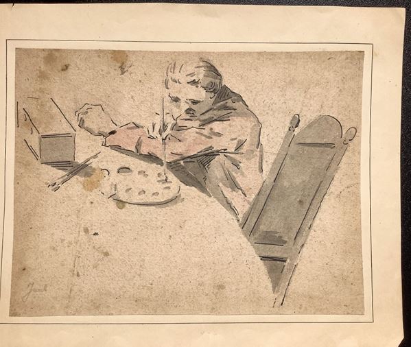 Black ink drawing depicting watercolor self-portrait, signed on the lower right Juul de Cort 1918-1999. 165x215 mm