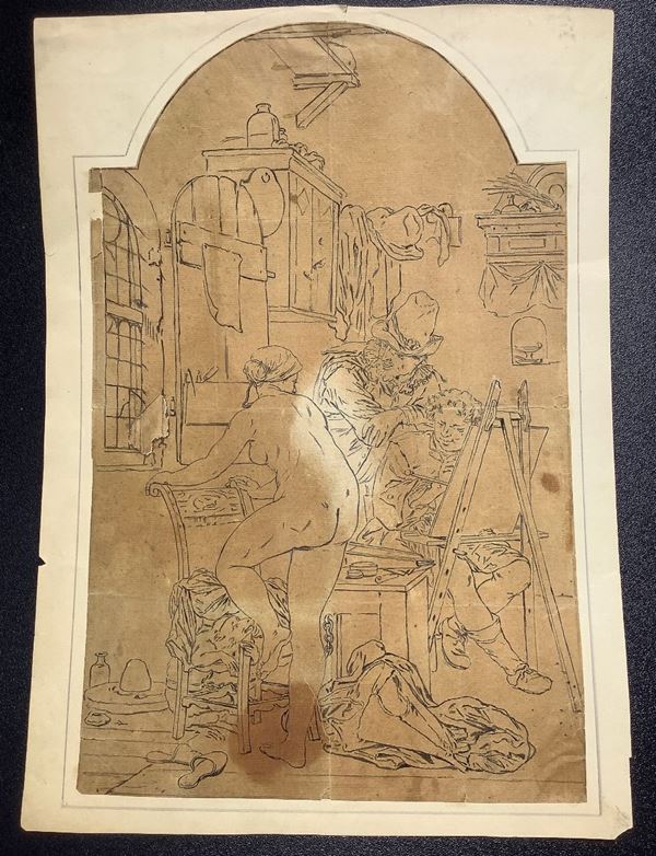sepia-toned black ink drawing on paper, depicting interior of the atelier model, allegedly byuted to Juul de Cort 1918-1999. 275x180 mm.