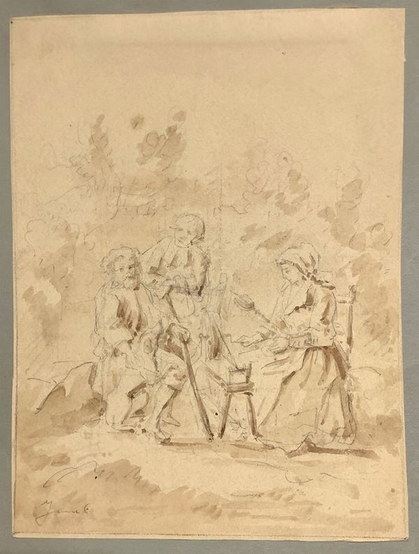 Pencil drawing and brown ink on paper, depicting a genre scene with spinner in frame, signed on the lower right Juul De Cort 1918-1999. 205x 160 mm.
