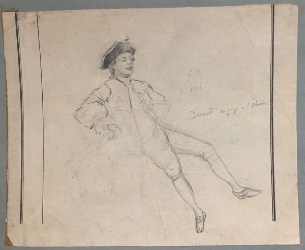 Pencil drawing on paper, depicting busy man Odeon, allegedly byuted to Juul de Cort 1918-1999. 175x 220 mm