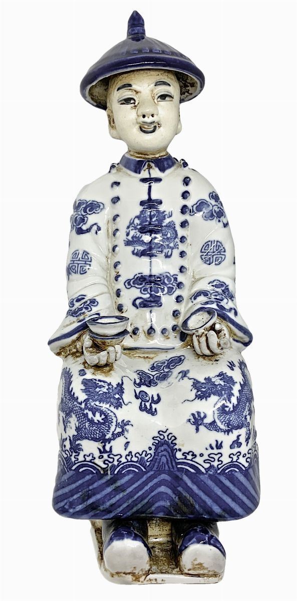 Statuette of the Chinese character with bowls in the colors white and blue, H 26 cm