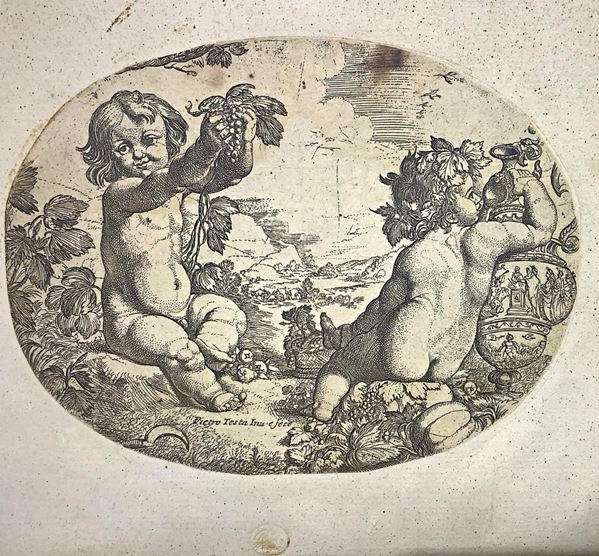Pietro Testa detto il Lucchesino (Lucca 1611 - Roma 1650), incisione ovale raffigurante due putti baccanti. Incisione all'acquaforte. Diametro mm 172x135. In cornice noce con inserti in ottone agli angoli cm 30x39,5.