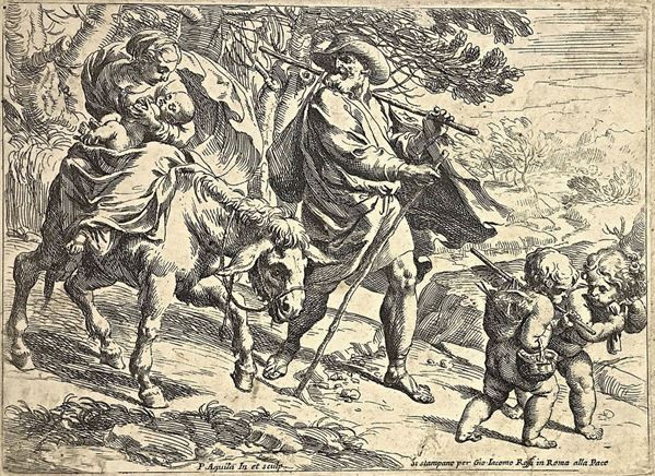 Pietro Aquila (Marsala 1650- Roma 1692) , incisione raffigurante Fuga in Egitto. Incisione all'aquaforte. Mm 140 X181, in cornice noce con inserti in ottone agli angoli CM 30x39,5.