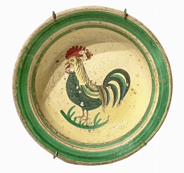 Plate Patti (Messina), rooster in the middle and green edges. Diameter 34 cm