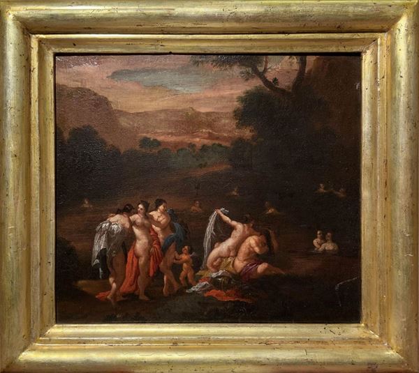 Lorenzo Pasinelli - Lorenzo Pasinelli (cerchia) (Bologn a 1629-1700). Diana e le sue ninfe al bagno. 42x48, olio su tela, in cornice 60x66. Nella 2°metà del XVII secolo Lorenzo Pasinelli fu uno dei più importanti pittori della scuola emiliano-romagnola. Fu allievo di Simone Cantarini e Flaminio Torri, entrambi formatisi sotto l'influenza di Guido Reni, per tal motivo ebbe modo di osservare e metabolizzare i canoni stilistici del classicismo di Reni e le caratteristiche della tecnica, del disegno e del colore. L'o