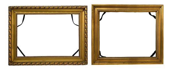 Pair of gilded wooden frames, XX century. 1) Internal dimensions 55x80 m, outside dimensions 73x98 cm; 2) Internal dimensions 57x70 cm, 74x87 cm external measures