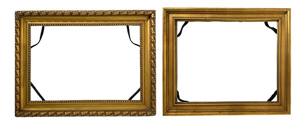 Coppia di cornici in legno dorato, XX secolo. 1) Misure interne m 55x80, misure esterne cm 73x98; 2) Misure interne cm 57x70, misure esterne cm 74x87