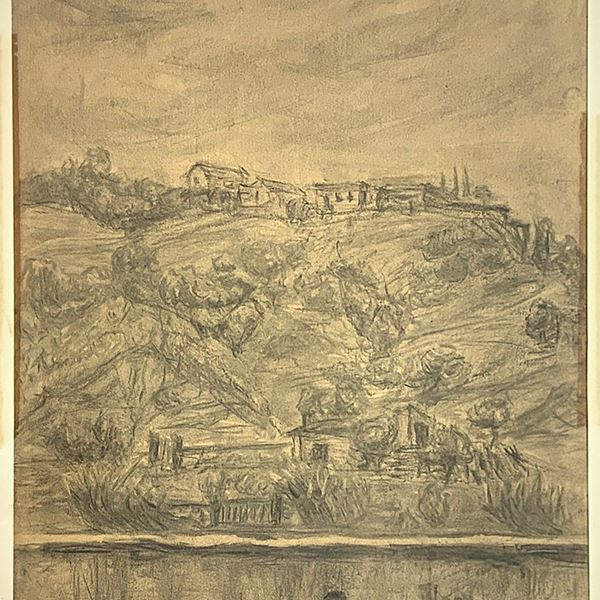 Disegno a carboncino su cartone raffigurante case di campagna, firmato in basso a destra Gisella Mattina e datato 1969. Cm 45X35 , in cornice 60x50.