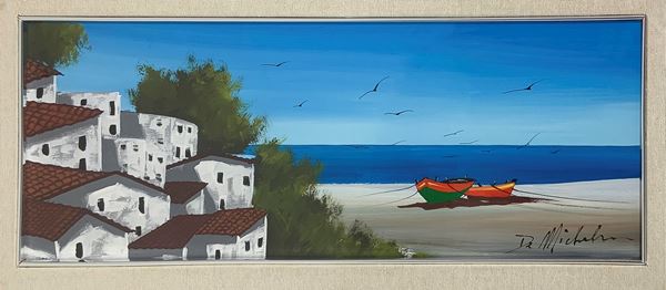 Dipinto ad olio su masonite raffigurante marina con barche e case. Firmato in basso a destra De Michelis. Cm 18x49, in cornice cm 41x72