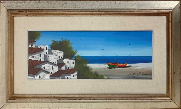 Dipinto ad olio su masonite raffigurante marina con barche e case. Firmato in basso a destra De Michelis. Cm 18x49, in cornice cm 41x72