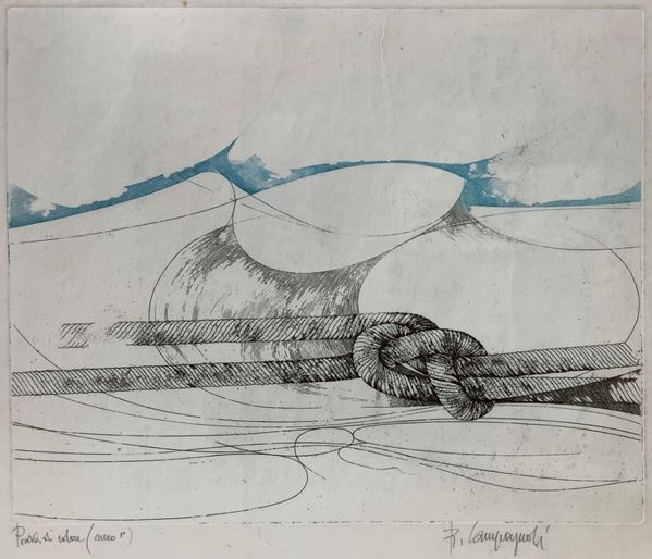 Incisione di Romano Campagnoli (Torino 1935-2017). Prova di colore raffigurante nodo di giunzione. firmato in basso a destra R. Campagnoli.
Appunti: ... 