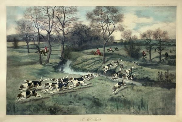 Hand-colored etching engraving depicting â € â € œA Hot Scentâ € soccer fox hunting. From George Derville Rowlandsson (1861-1928), ed. ...
