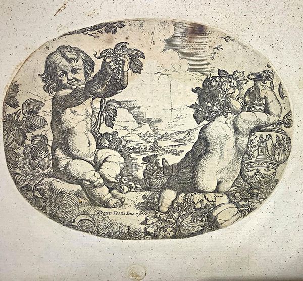 Pietro Testa - Incisione ovale raffigurante due putti baccanti, Pietro Testa detto il Lucchesino (Lucca 1611 - Roma 1650). Incisione all'acquaforte. Diametro mm 172x135. In cornice noce con inserti in ottone agli angoli cm 30x39,5.