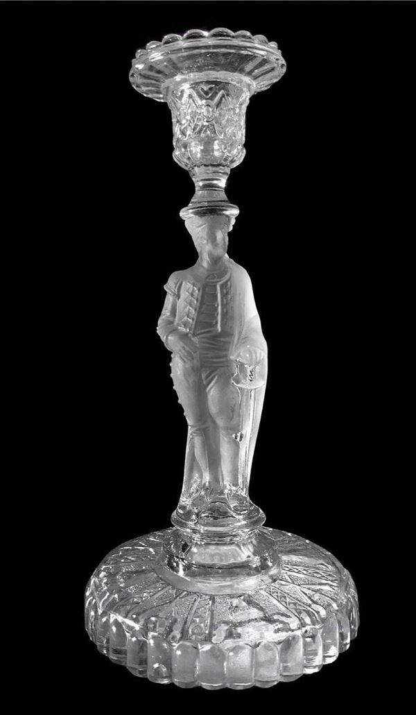 Candlestick mono hole transparent glass hole depicting man figure with sword. H 23 cm.