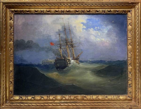 Oil painting on canvas depicting sailing ship with three masts, late eighteenth century. H 57x78 cm