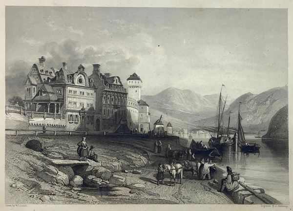 Print depicting landscape with houses on the left and landscape with characters on mountains background on the right, designed by W. Leitch (1804-1883) and engraved by J. Redaway