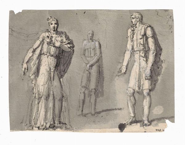 Disegno a inchiostro grigio su carta vergellata raffigurante tre personaggi, attribuibile a Ilya Repin, mm 134x144