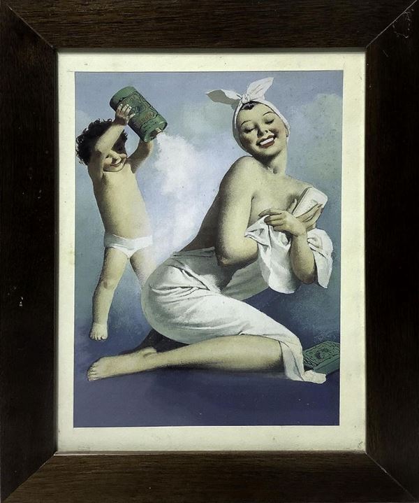 Stampa pubblicitaria della Borotalco, raffigurante donna e bambino, disegno di Gino Boccasile. In cornice cm 40x31, anni ‘50